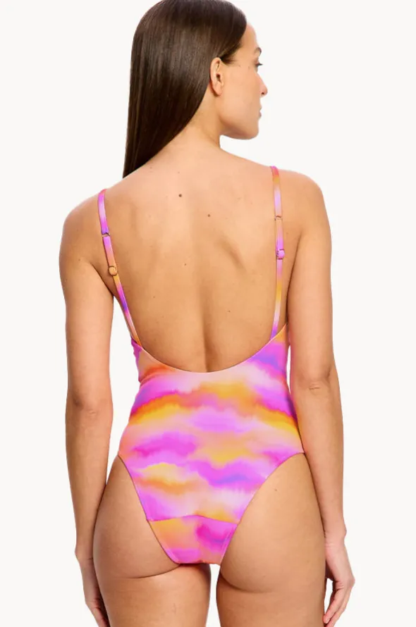 Hazy Pink Sunset V Neck One Piece