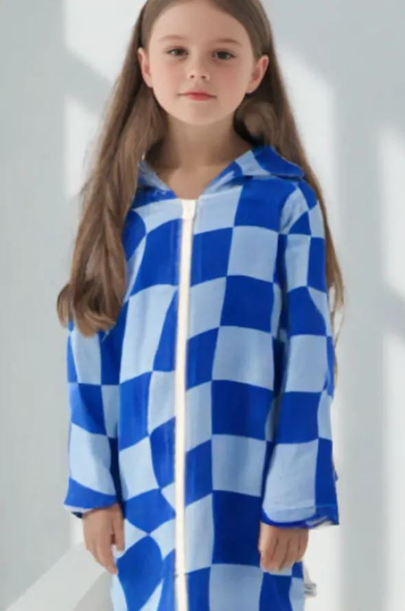Kids Tidal Checker Hooded Towelling Robe 7-11Y