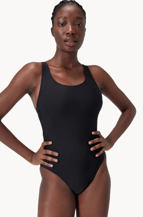 Solid Scoop Neck Mesh Back One Piece