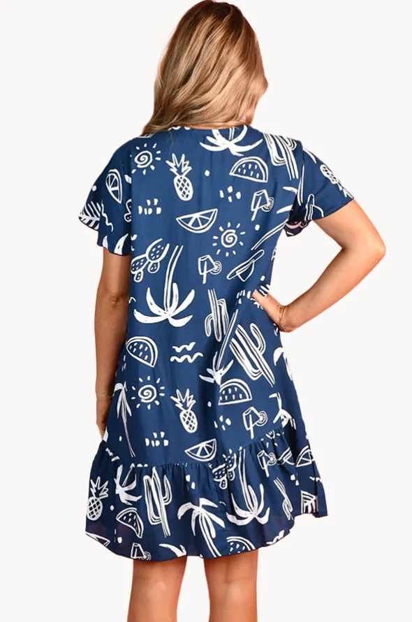 Tropical Fiesta Cap Sleeve Button Dress